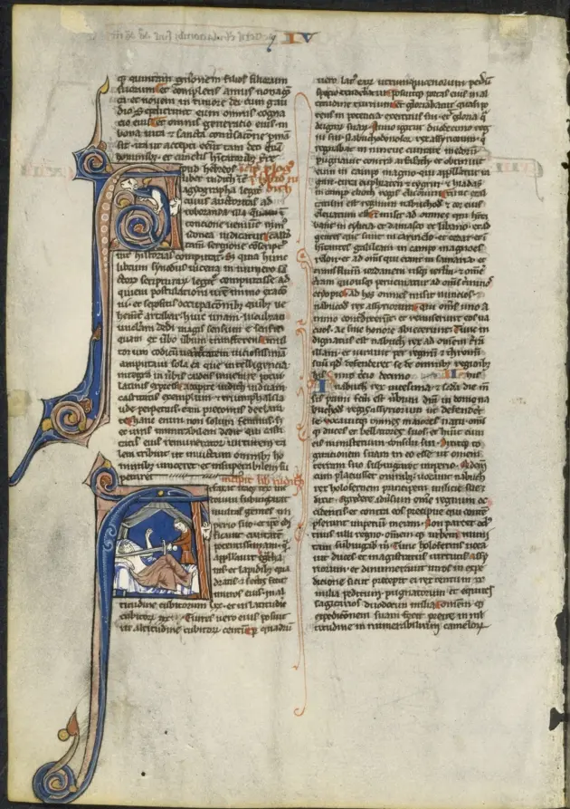 A small thirteenth-century Paris Bible leaf contains an initial in which Judith bends over Holofernes with a sword.